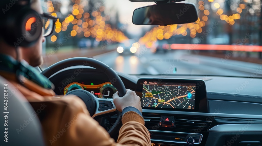 Poster A male is driving a car with a navigational map displayed in the holographic UI in front of him. Generative AI.