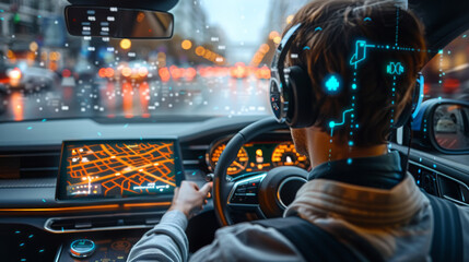 A male is driving a car with a navigational map displayed in the holographic UI in front of him. Generative AI.