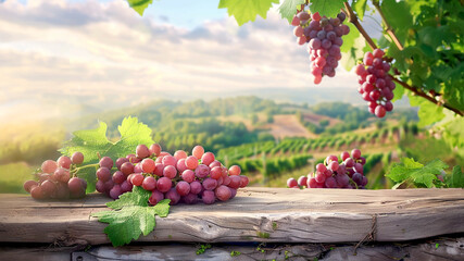 Red grapes on wooden table in vineyard