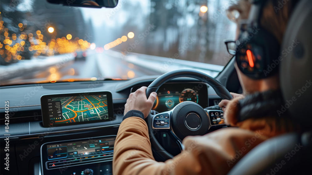 Poster A male is driving a car with a navigational map displayed in the holographic UI in front of him. Generative AI.