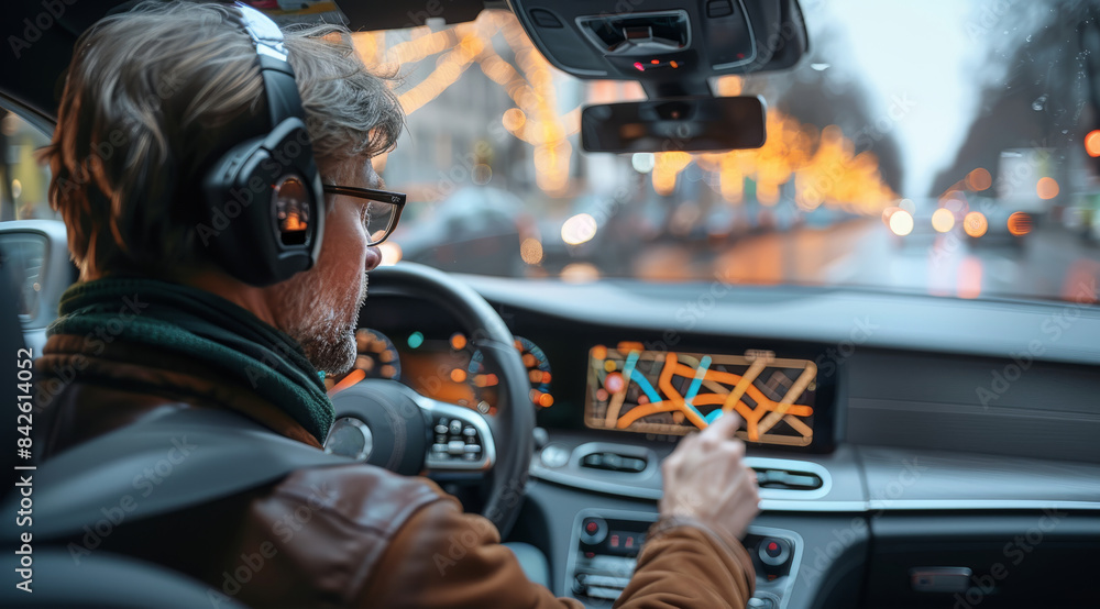 Poster A male is driving a car with a navigational map displayed in the holographic UI in front of him. Generative AI.