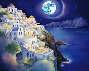 Obraz premium A painting of a small village with a blue moon in the sky