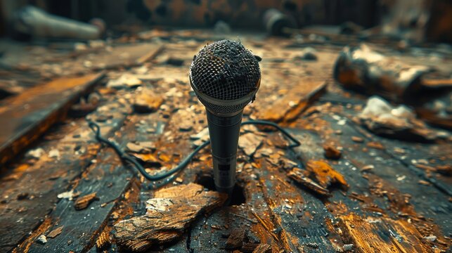 Close up, look down view, the microphone drop on the wooden floor, the moment of dropping and crashing, wood floor cracks, 
