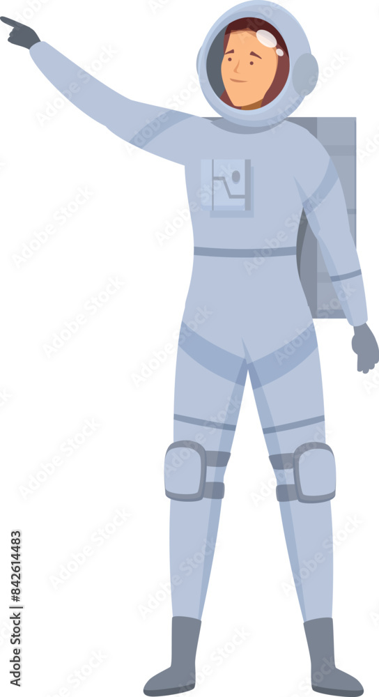 Poster astronaut is pointing at something interesting in outer space while wearing a spacesuit