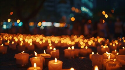 Peaceful candlelight vigil with a diverse crowd at night, participating in prayer and commemoration for a solemn occasion. A tranquil scene highlighting unity, peace, and remembrance in a community ga