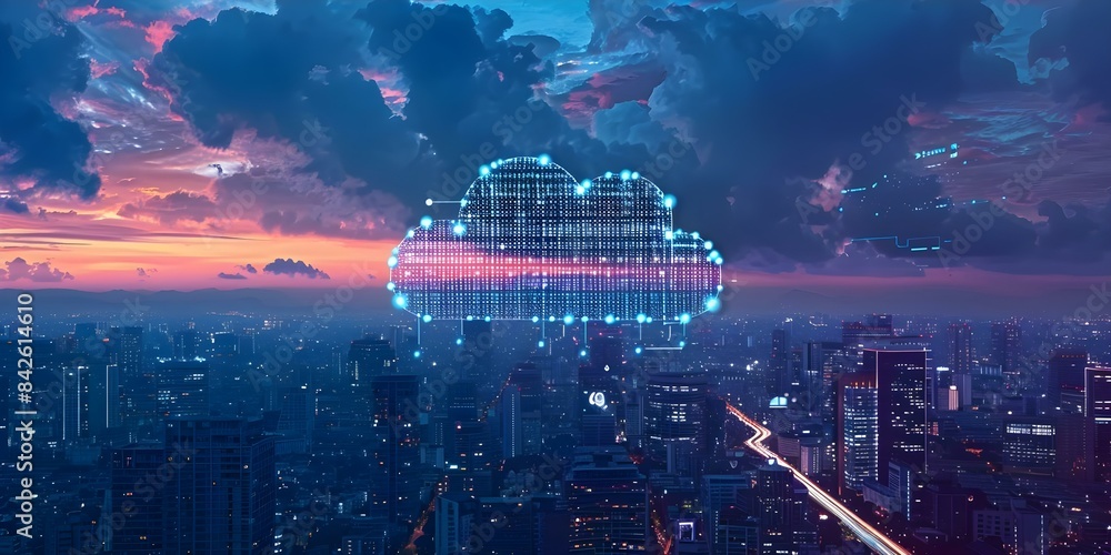 Poster cityscape with digital elements symbolizing highspeed internet cloud data and global connectivity. c