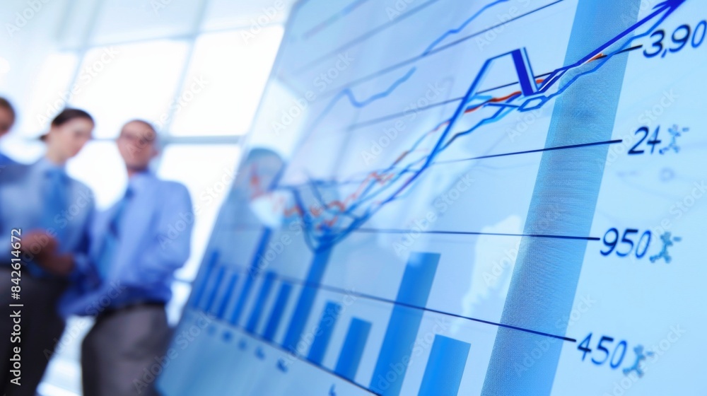 Aufkleber a team of executives discussing a line graph on a whiteboard, showing quarterly revenue growth.