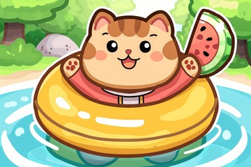 Obraz premium A cartoon cat floats on an inflatable ring in the sea and holds a piece of watermelon. Concept: Children's illustration, summer posters, children's books
