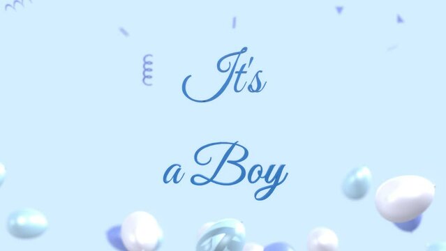 It's A Boy Text Gender Reveal Video Footage. It's a Boy Text Animation With Balloons And Confetti Particles. Gender Reveal Concepts Video. It's A Boy.