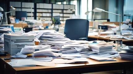 An office desk covered in piles of paperwork. An absent employee at the workplace.