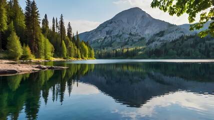 Fototapeta premium A lake surrounded by mountains and forests