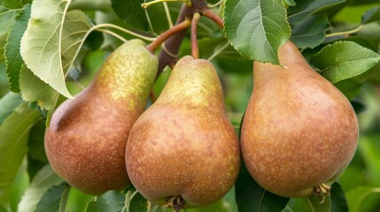 Fresh pears hanging on tree branch in orchard