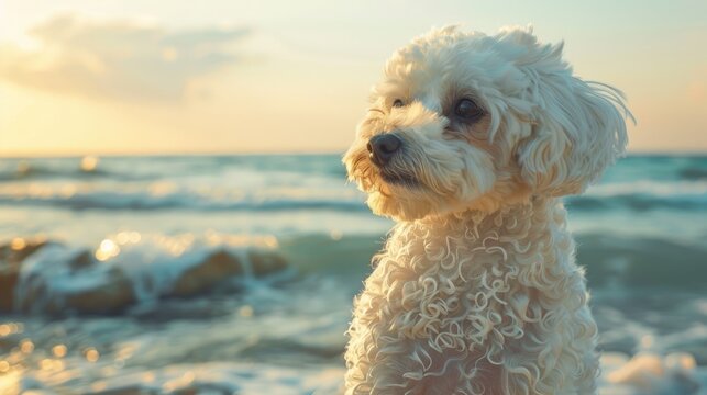 Adorable Maltese and Poodle crossbreed enjoying a day at the seaside