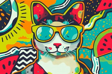 cat in yellow sunglasses, pop art illustration on a background of bright abstract elements: watermelon, sun, wavy and zigzag lines
Concept: summer mood, modern design, cheerful and bright drawings