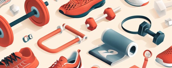 Variety of fitness equipment and gear laid out on a neutral background