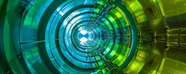 Abstract view of a futuristic reactor core in vivid green and blue tones