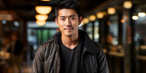 Fototapeta premium Portrait of a stylish Asian man in athletic attire. Concept Fashion Photography, Athletic Wear, Asian Model, Stylish Portraits, Outdoor Photoshoot