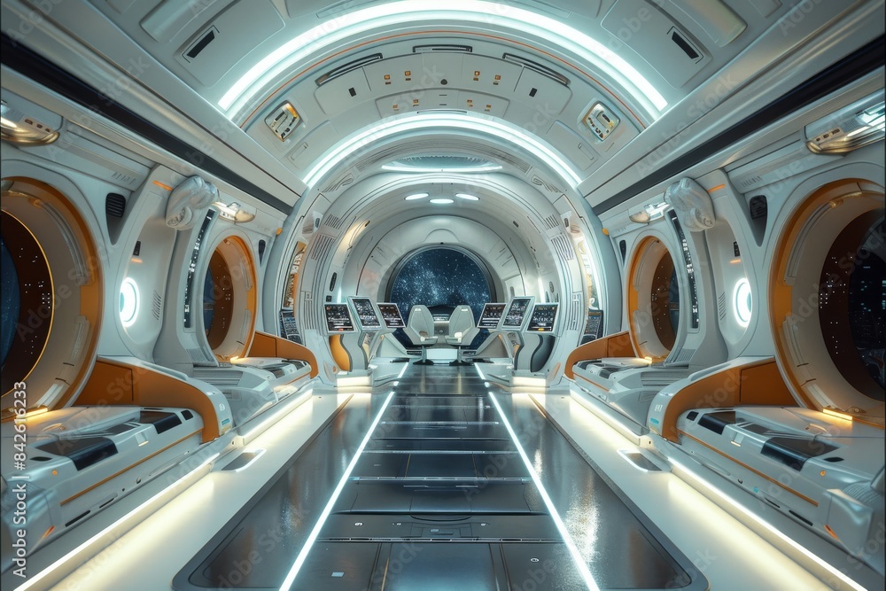 Poster a clean aesthetic, the bridge of a personal spaceship. generative ai.