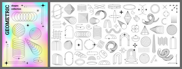 Shape line. Outline geometric form for poster design, galaxy y2k element, cosmic geometry, retro design icon abstract, cosmos trendy outline. Minimal figures graphic, gradient. Vector modern set