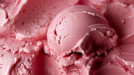 Scooped strawberry ice cream texture closeup