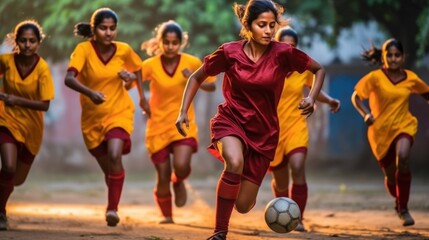 Fototapeta premium women's soccer team running on the field. They wear green uniforms