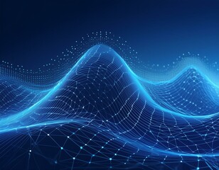 Wave of dots and weave lines. Abstract blue background for design on the topic of cyberspace, big data, metaverse, network security, data transfer on dark blue abstract cyberspace background