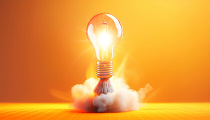 Close-up of a light bulb taking off and releasing smoke like a rocket against a yellow-orange background with copy space. Idea explosion, startup, big ideas and leadership concept. Generative Ai.