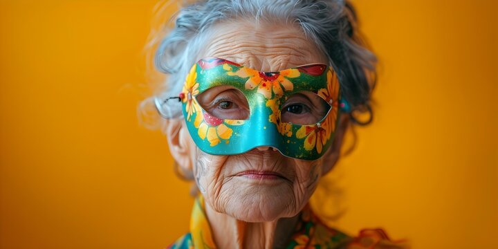 Elderly woman in colorful carnival mask against bright background with text space. Concept Elderly Portraits, Carnival Mask, Colorful Background, Text Space, Joyful Photography