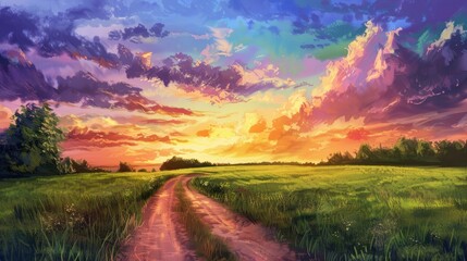 Naklejka premium Twilight Falls on a Country Lane Surrounded by Green Fields with a Colorful Sky in the Background