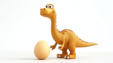 Fototapeta premium A cheerful cartoon brontosaurus balancing an egg set against a pristine white backdrop spreads joy