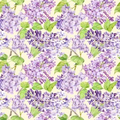 Watercolor background with lilac. Seamless pattern of spring flowers. Botanical hand drawn illustration for fabric, textile, wallpaper, wrapping paper.