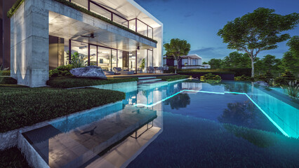 3d rendering of flat roof house with parking and pool for sale or rent with concrete facade and beautiful landscaping. Clear summer night with many stars on the sky
