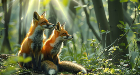 Fototapeta premium A family of red foxes playing in a shaft of sunlight filtering through the dense forest. Generative AI.