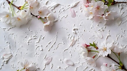 Beautiful composition of spring flowers and leaves on white background with copy space