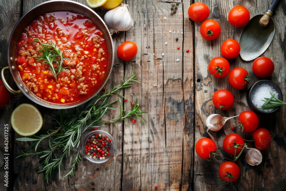 Wall mural Rustic homemade tomato soup with fresh herbs and spices