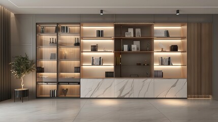 Designing modern office storage cabinets with light strips and LED lights, using white marble and oak wood materials. 