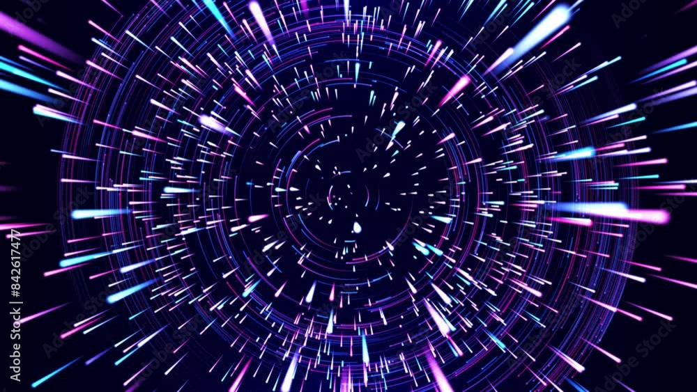 Poster hyperjump to another galaxy. neon glowing rays in motion. bright lines of light