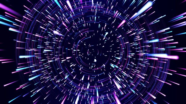 Hyperjump to another galaxy. neon glowing rays in motion. Bright lines of light