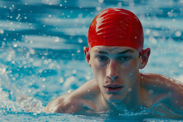 Determined young swimmer resting at poolside after training