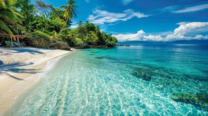 Fototapeta premium A beautiful beach with clear blue water and palm trees