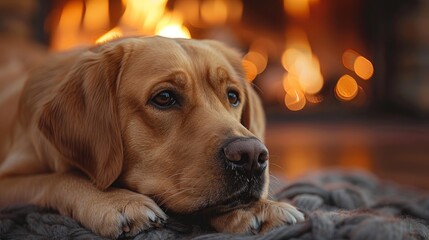 Obraz premium in front of an evening fireplace in a modern apartment,chien qui dort,