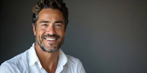 Fototapeta premium A man smiling in a white shirt. Concept Outdoor Photoshoot, Joyful Portraits