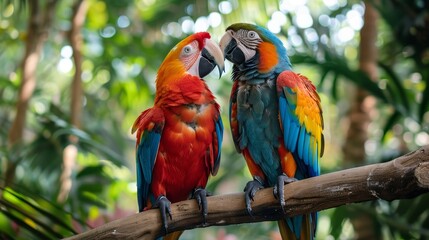 Obraz premium Two parrots are perched on a branch, one red and one blue