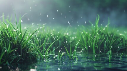 Fototapeta premium Serene raindrops falling on vibrant green grass
