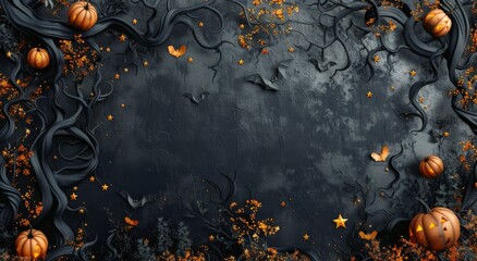 Orange And Black Pumpkins And Fall Leaves On A Dark Background