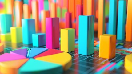 create a contemporary art image, column Excel charts and pie Excle charts can be seen in the image, 3D image, 4K 