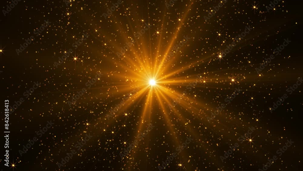 Poster abstract background of golden dust particles and sparkle of stars against the backdrop of the bright