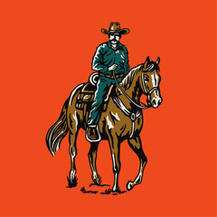 Vintage Drawing of Cowboy Riding Horse