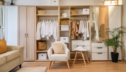 White and beige wood women walk in closet, with warm wooden wardrobe, white drawer and armchair, modern luxury mixed with minimal style feminine dressing room interior design.