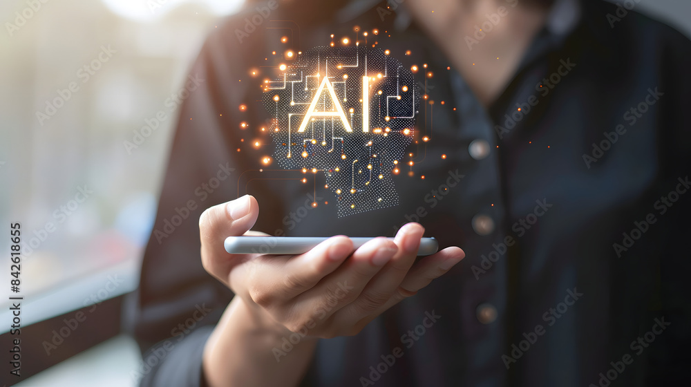 Poster an individual holding an ai intelligent technology device with the letters ai floating above it